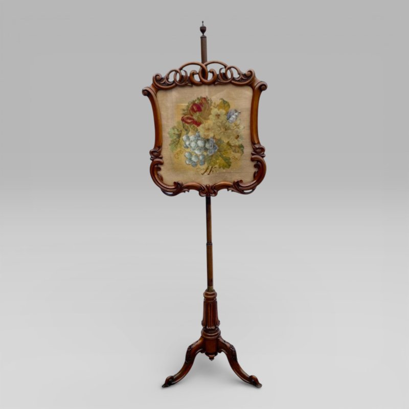 Antique English Victorian Rosewood Floral Tapestry Pole Fire Screen Tripod Base